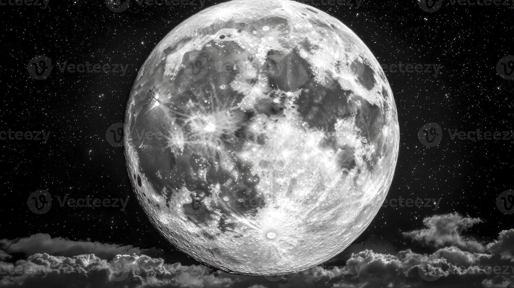 A black and white photo of the moon in the sky