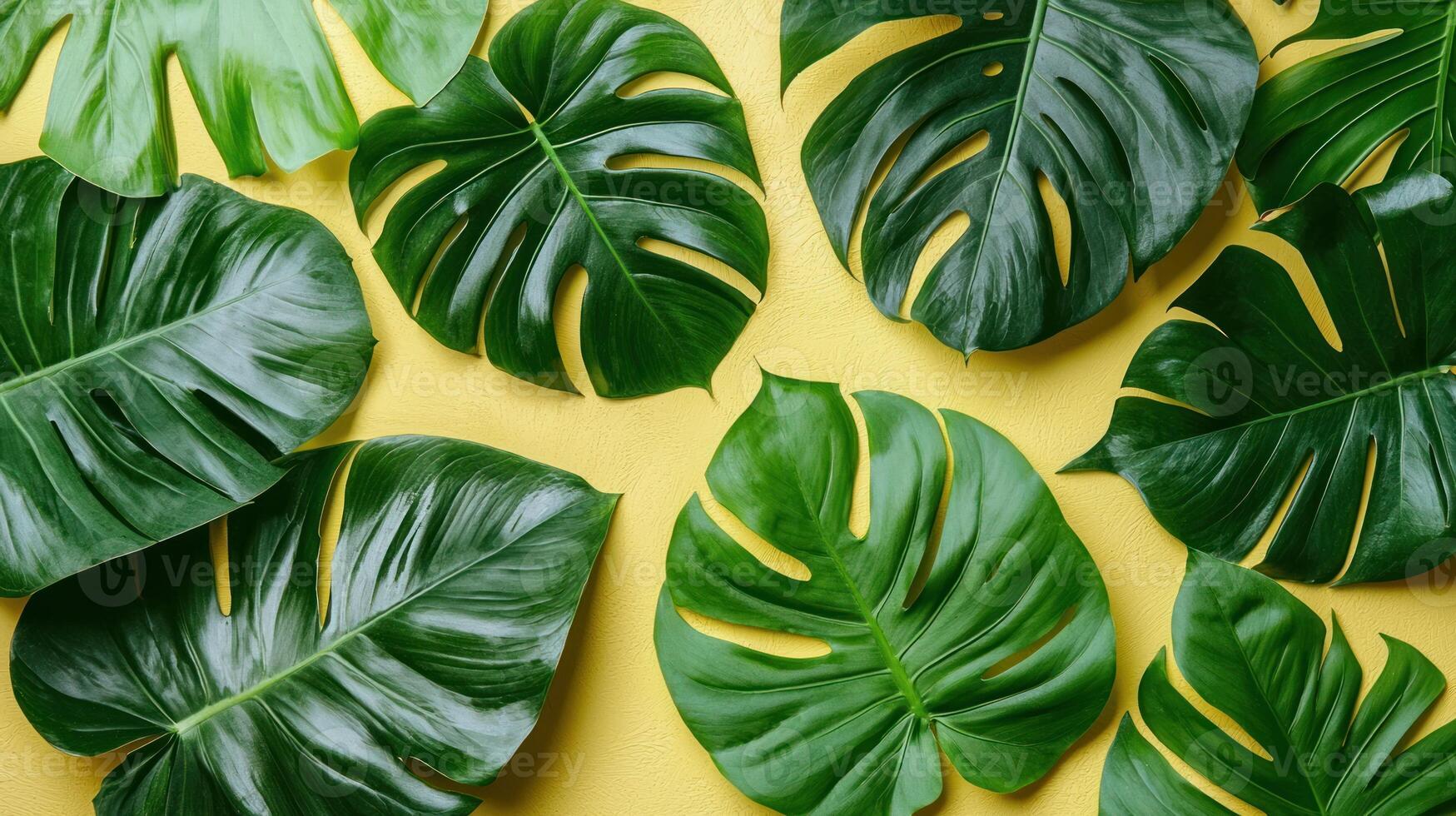 Various green leaves on a yellow background photo