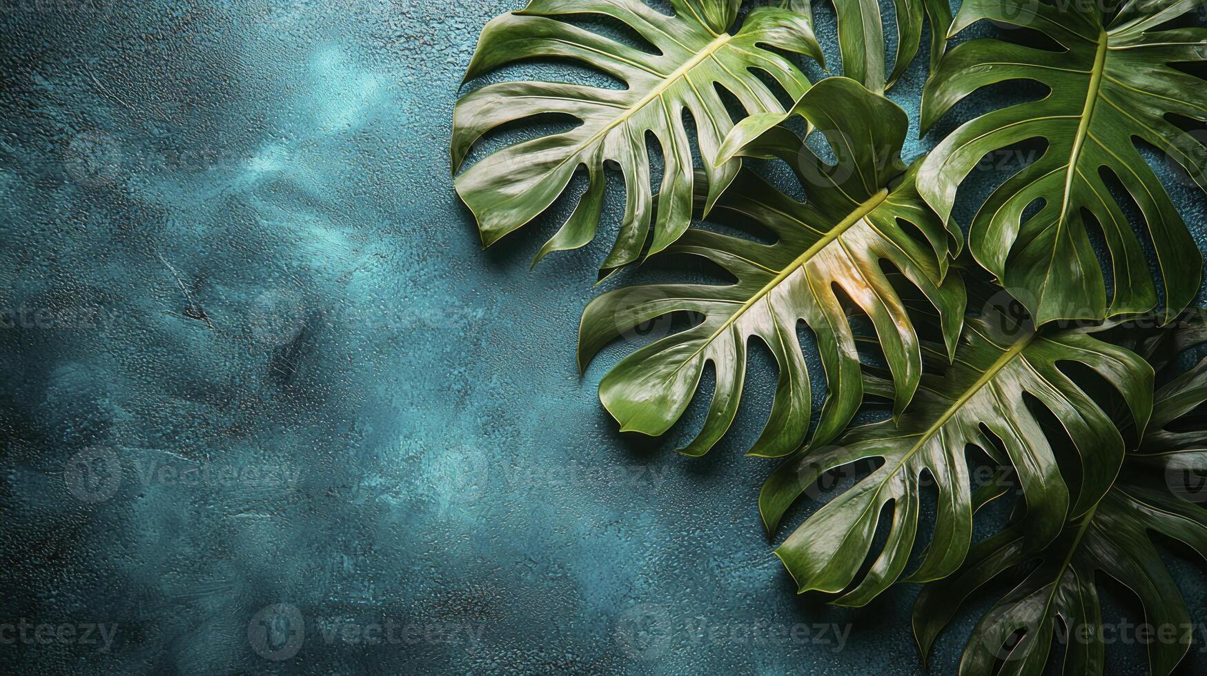 Tropical leaves on a blue wall photo