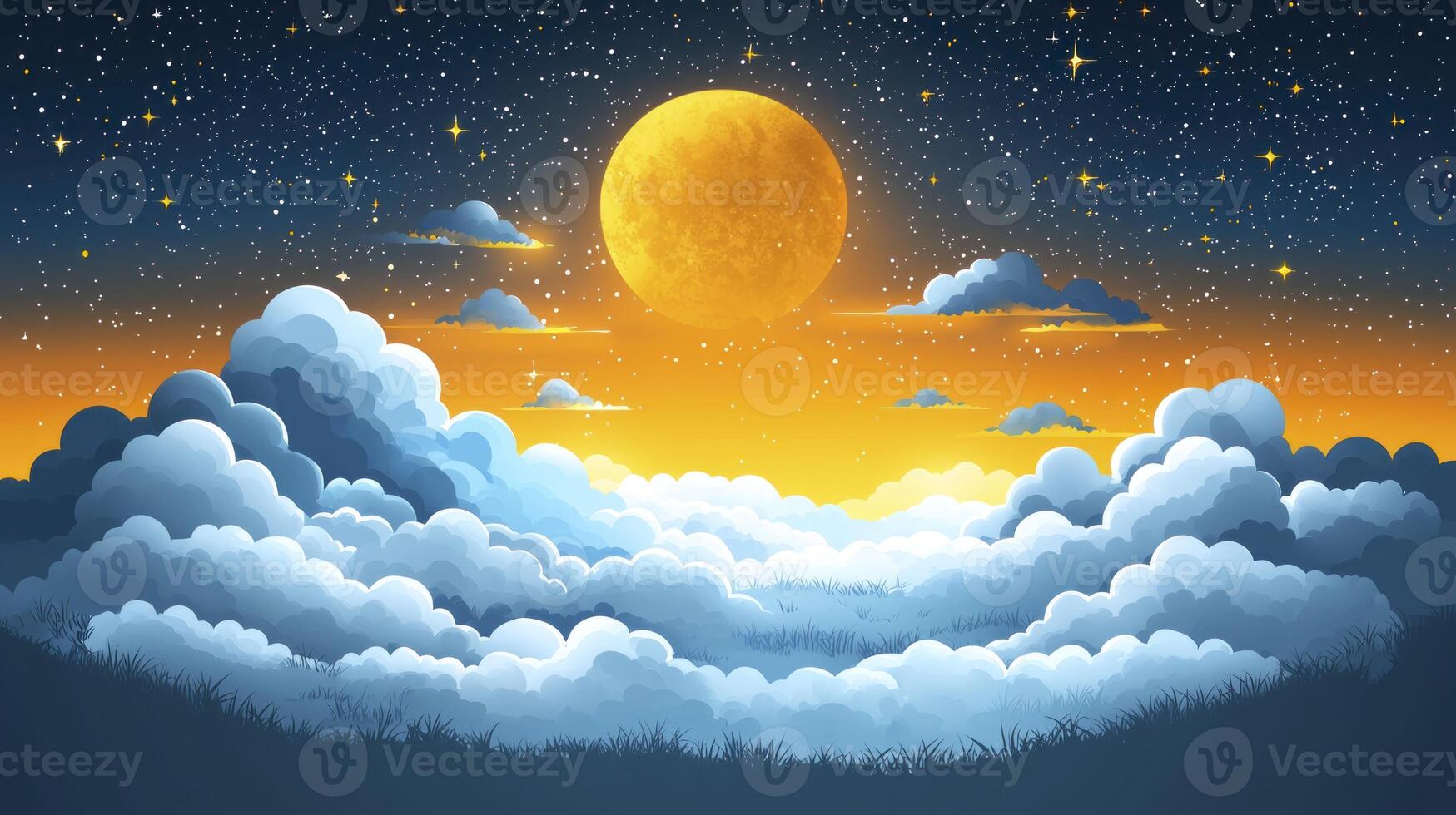 A cartoon illustration of the moon and clouds photo