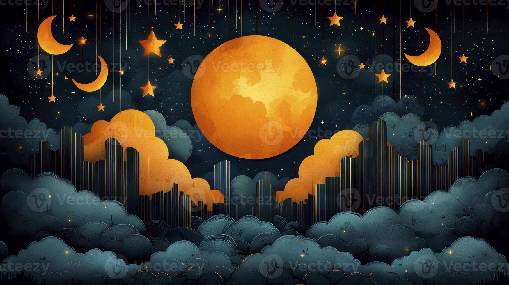 Moon and stars in the night sky with clouds and moon photo