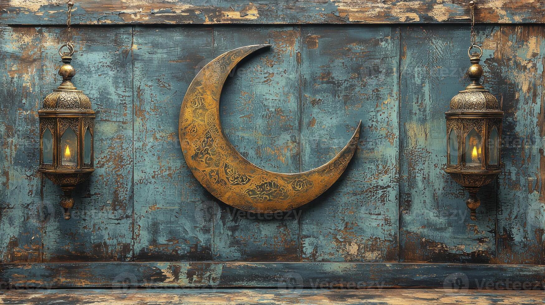 A crescent and lantern hanging on a wooden wall photo