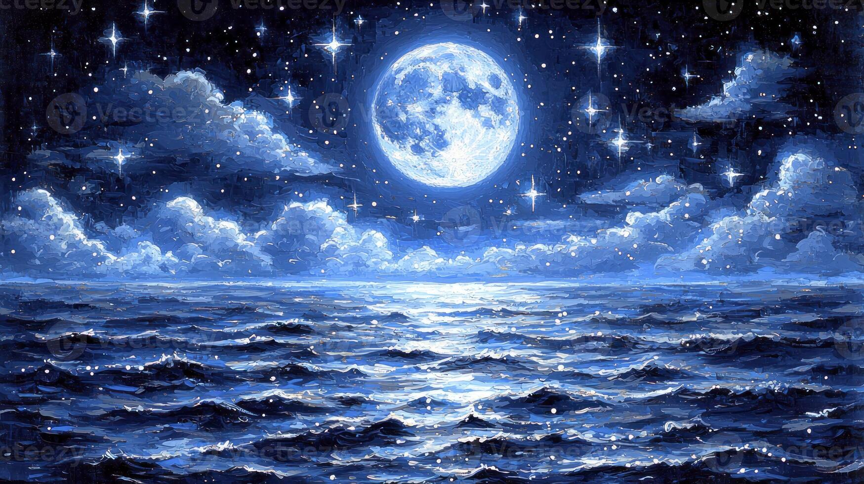 A painting of the moon and stars over the ocean photo