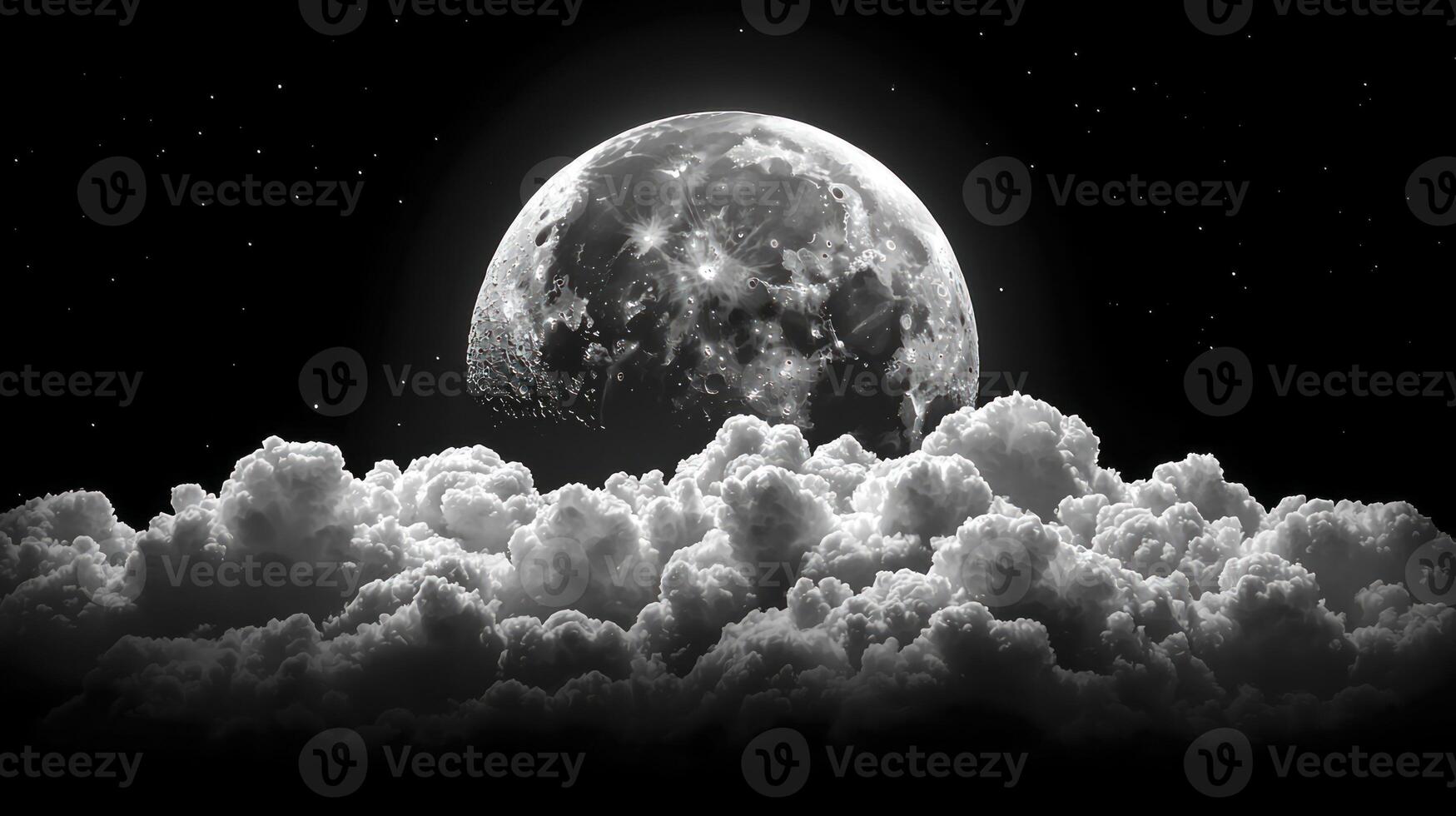 A black and white photo of the moon and clouds