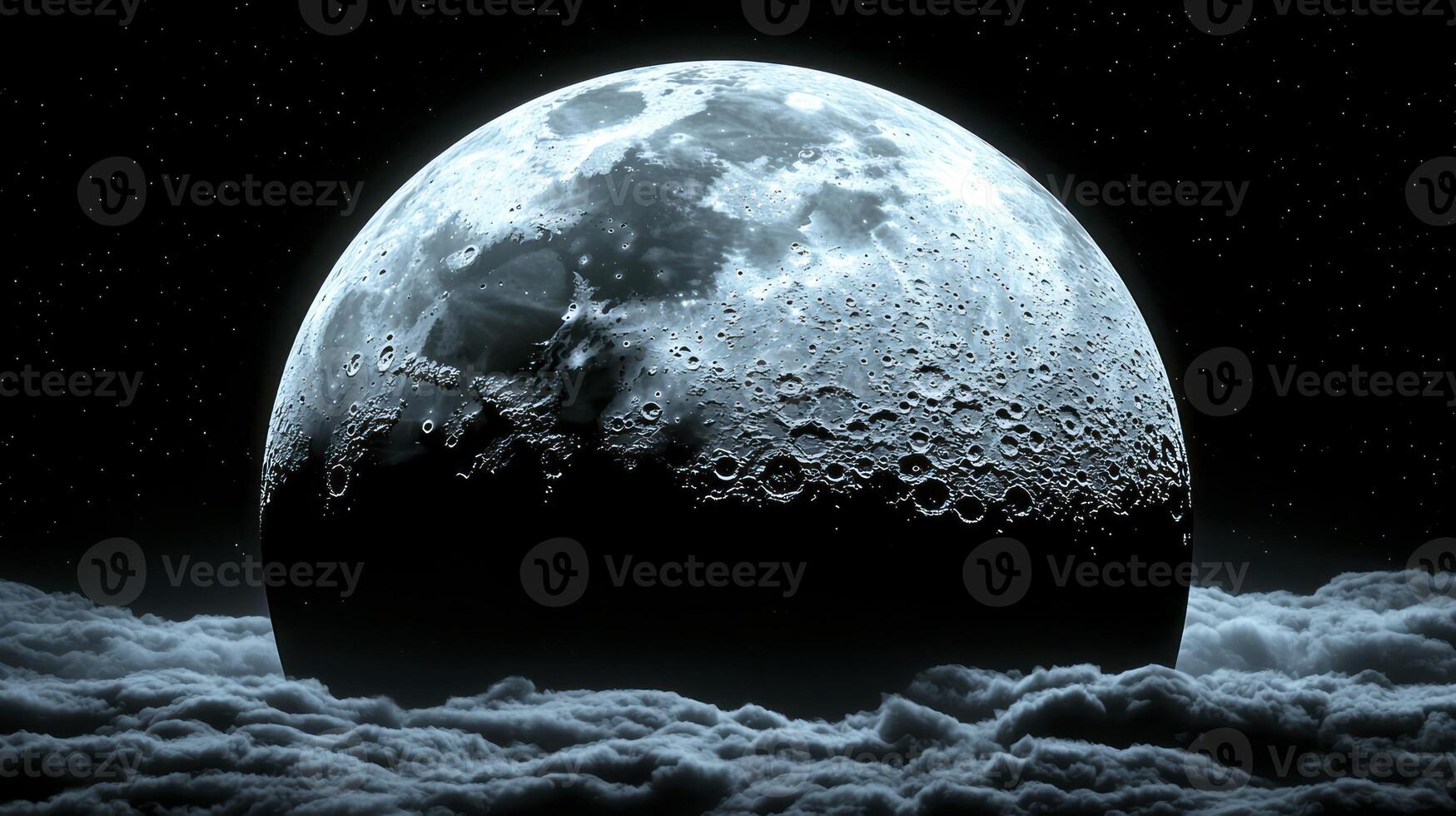 A large moon is seen in the sky above clouds photo
