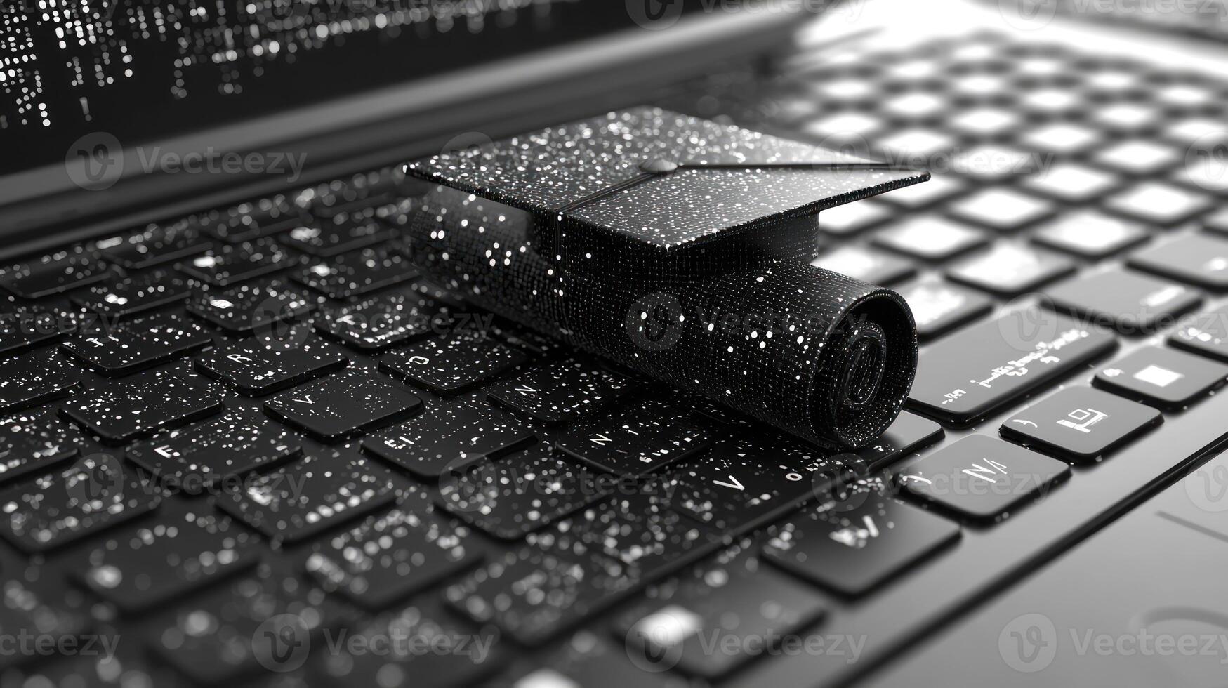A graduation cap sits on top of a laptop keyboard photo