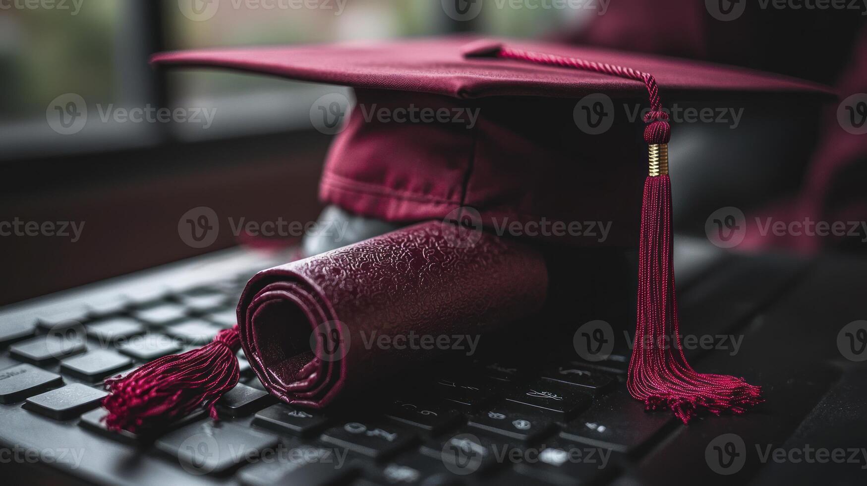 A graduation hat and a roll of toilet paper on a laptop keyboard photo