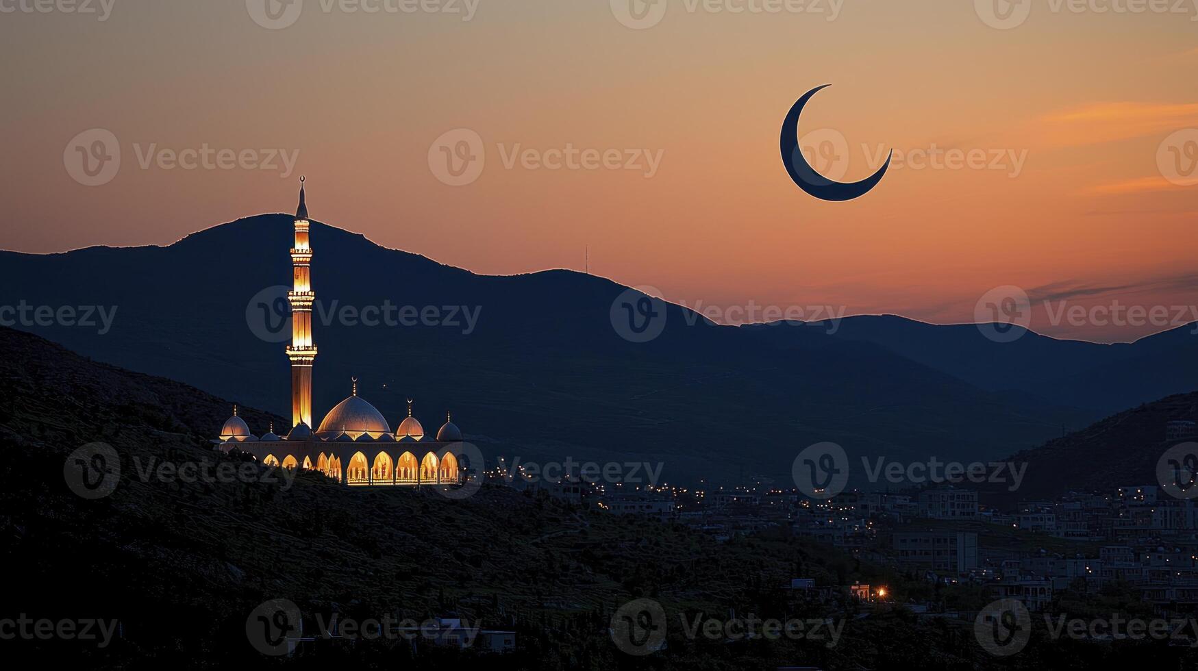 A mosque with a crescent moon in the sky photo