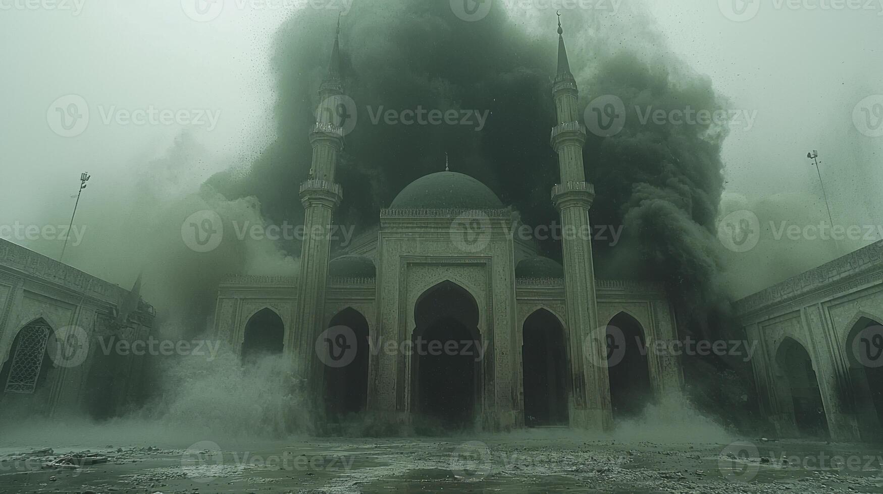 A mosque is covered in smoke and water photo
