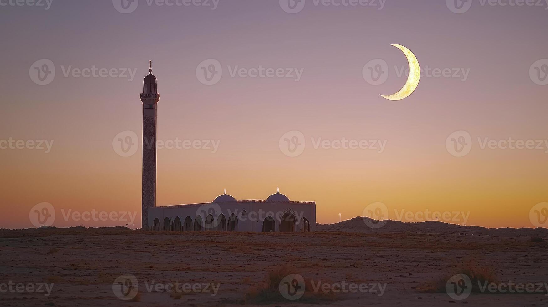 A mosque and crescent in the desert at sunset photo