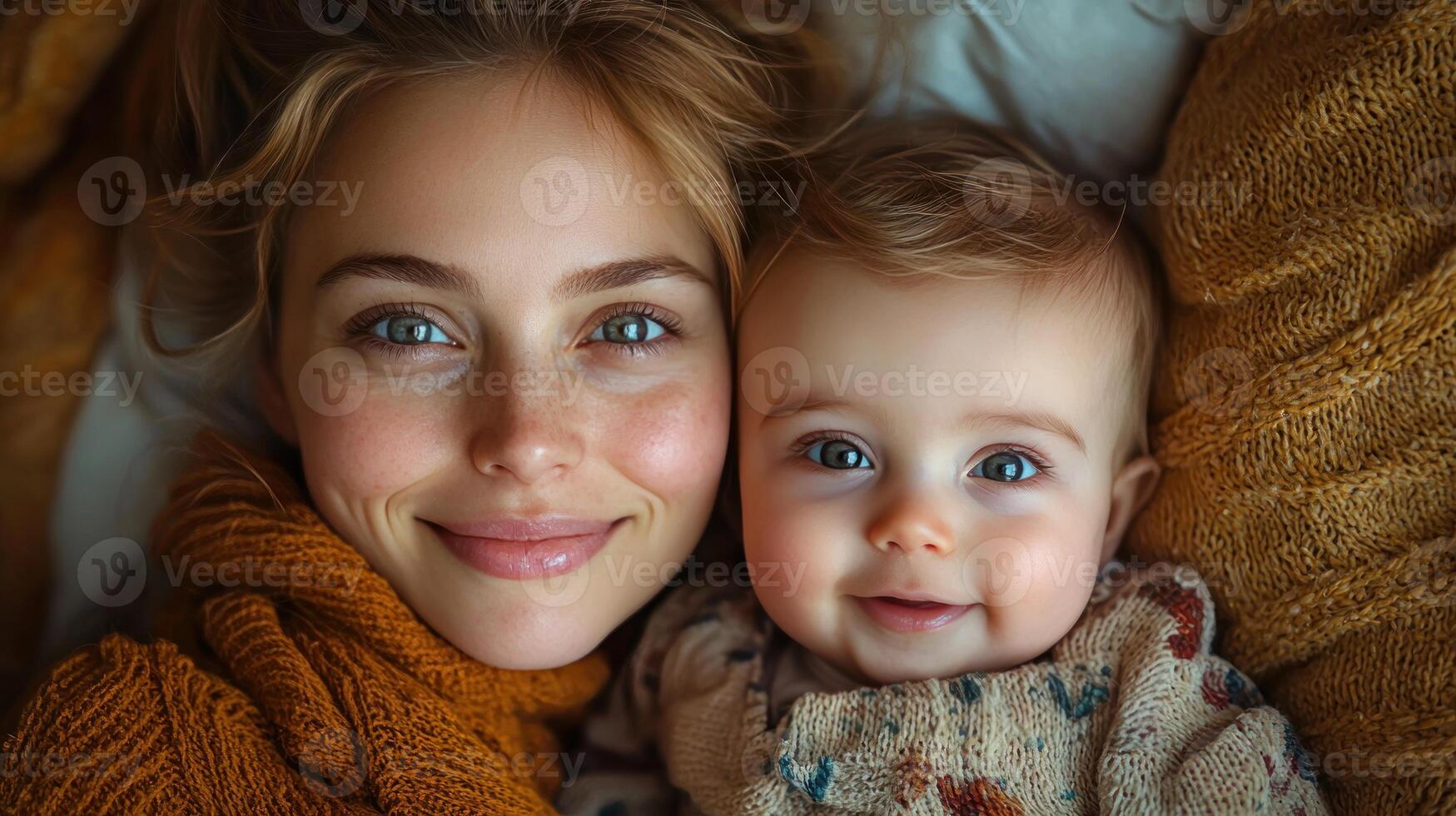 A woman and a baby are laying on a bed photo