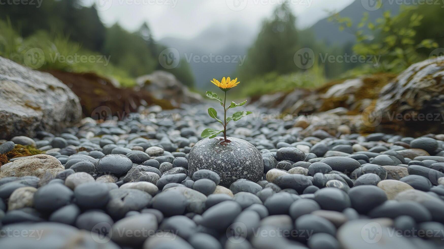 A small plant growing out of a rock in a gravel path photo