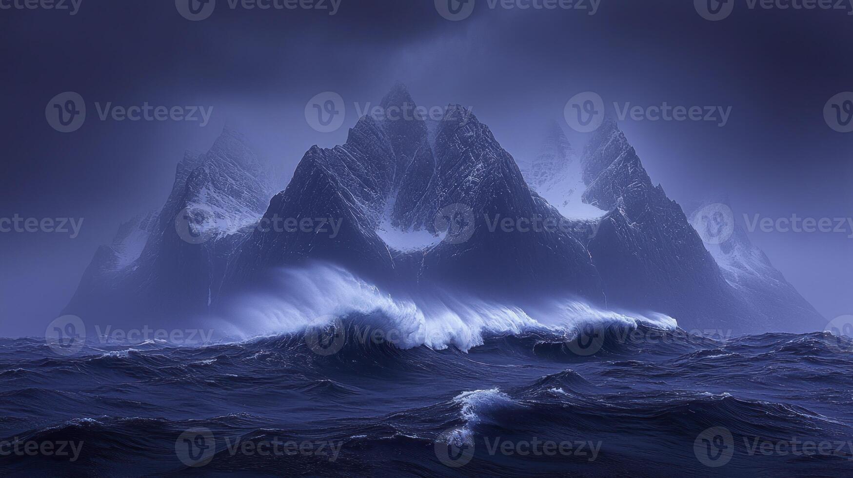 A dark ocean with mountains in the background photo