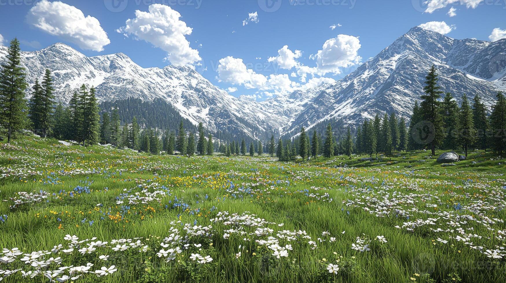 A field of wildflowers in front of mountains photo