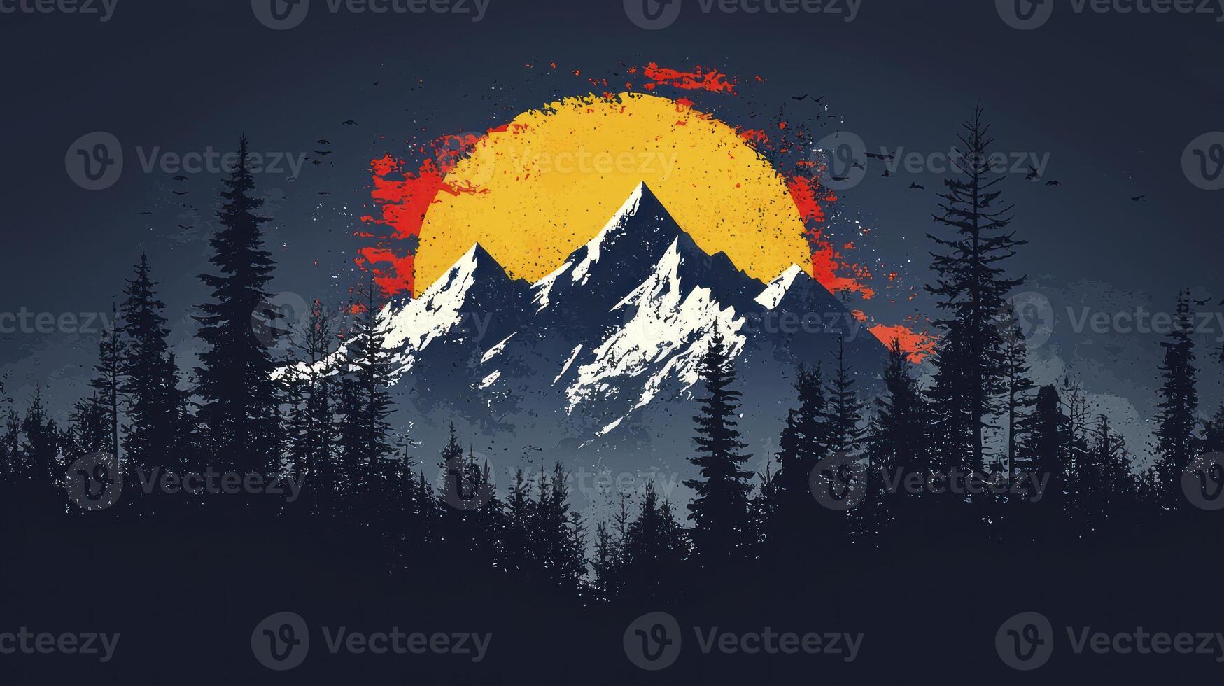 A mountain with trees and sun in the background photo