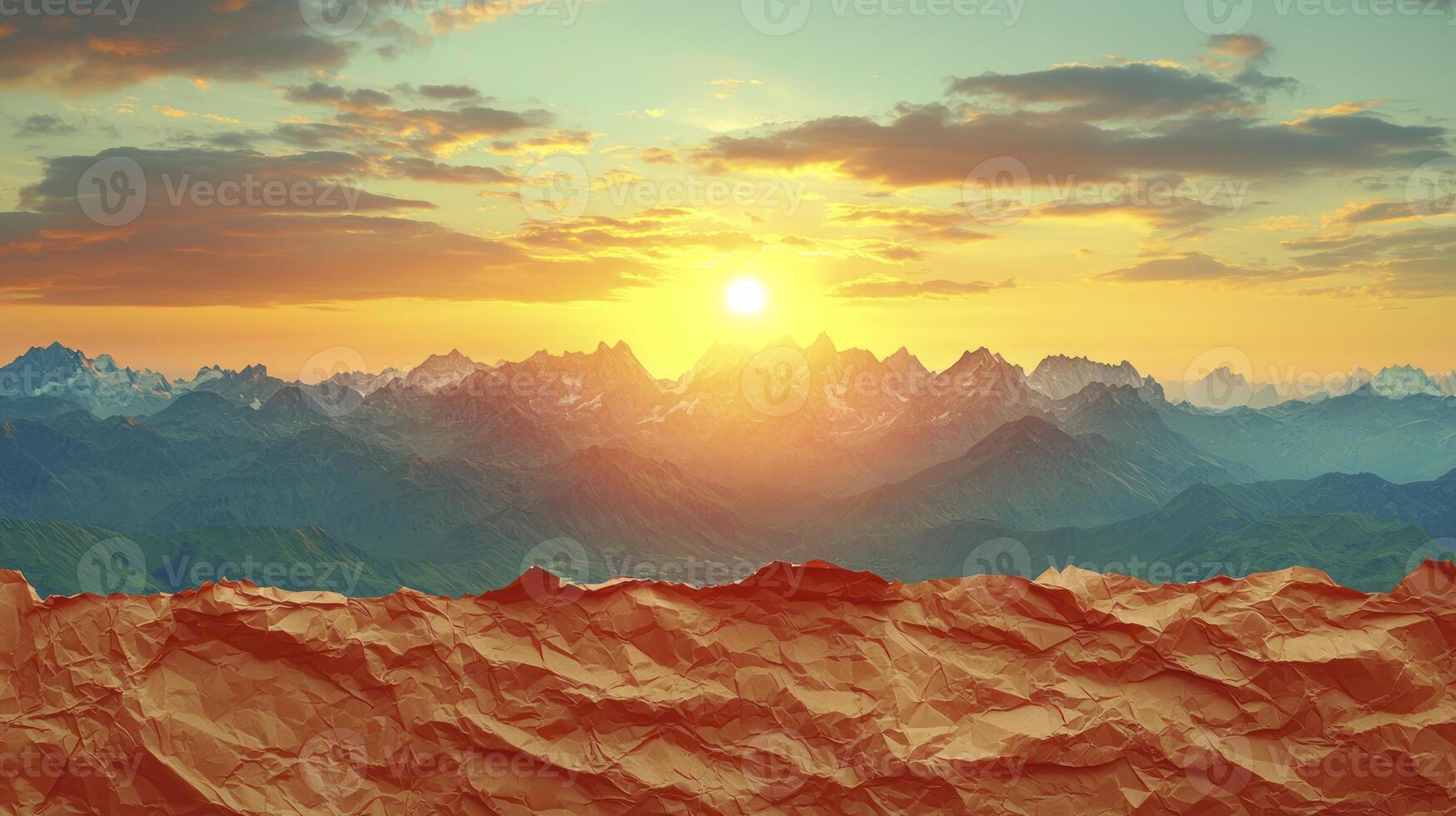 A mountain landscape with the sun setting over it photo