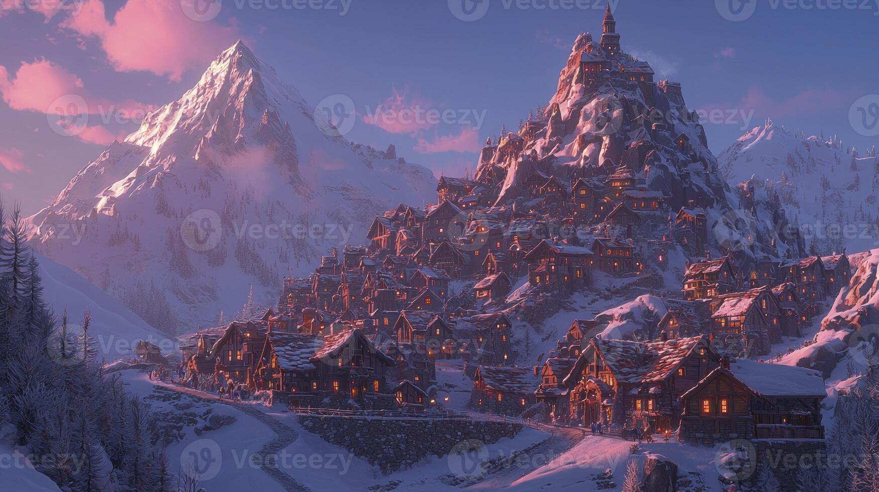 The snow village is shown in this 3d rendering photo