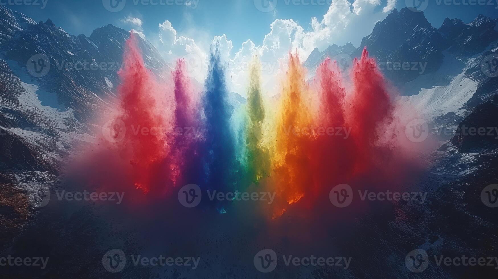 Colorful rainbow smoke coming out of the mountain photo