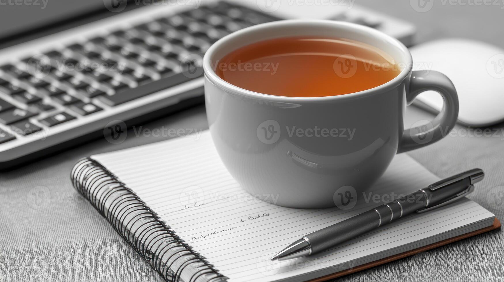 Tea cup and notebook on a desk with laptop and pen photo