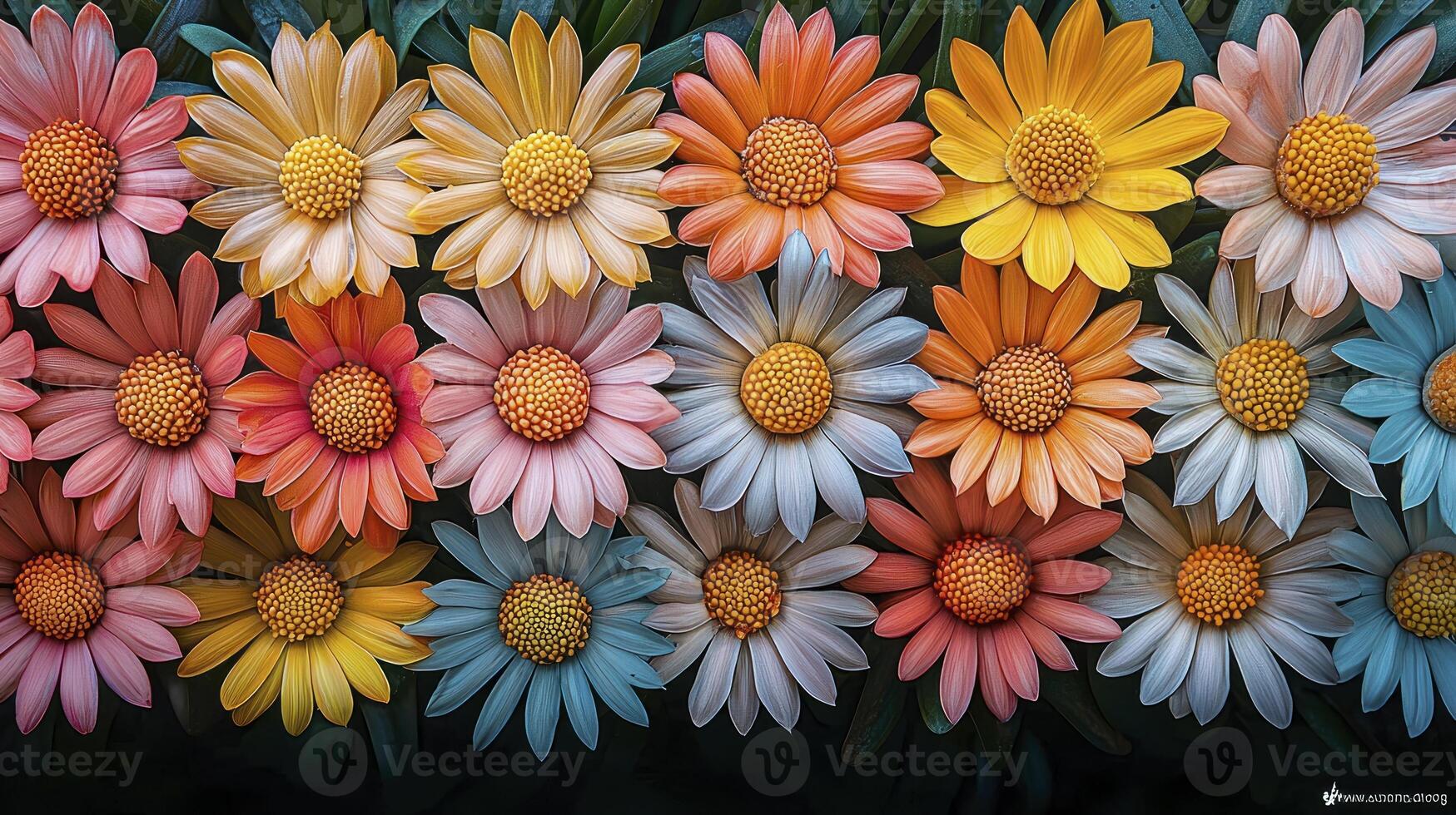 A row of colorful flowers with a black background photo