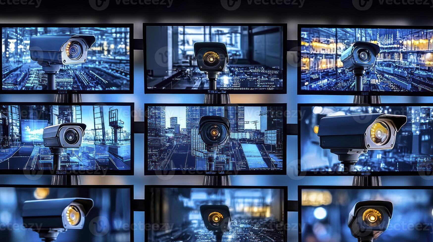 A series of surveillance cameras are shown on a screen photo