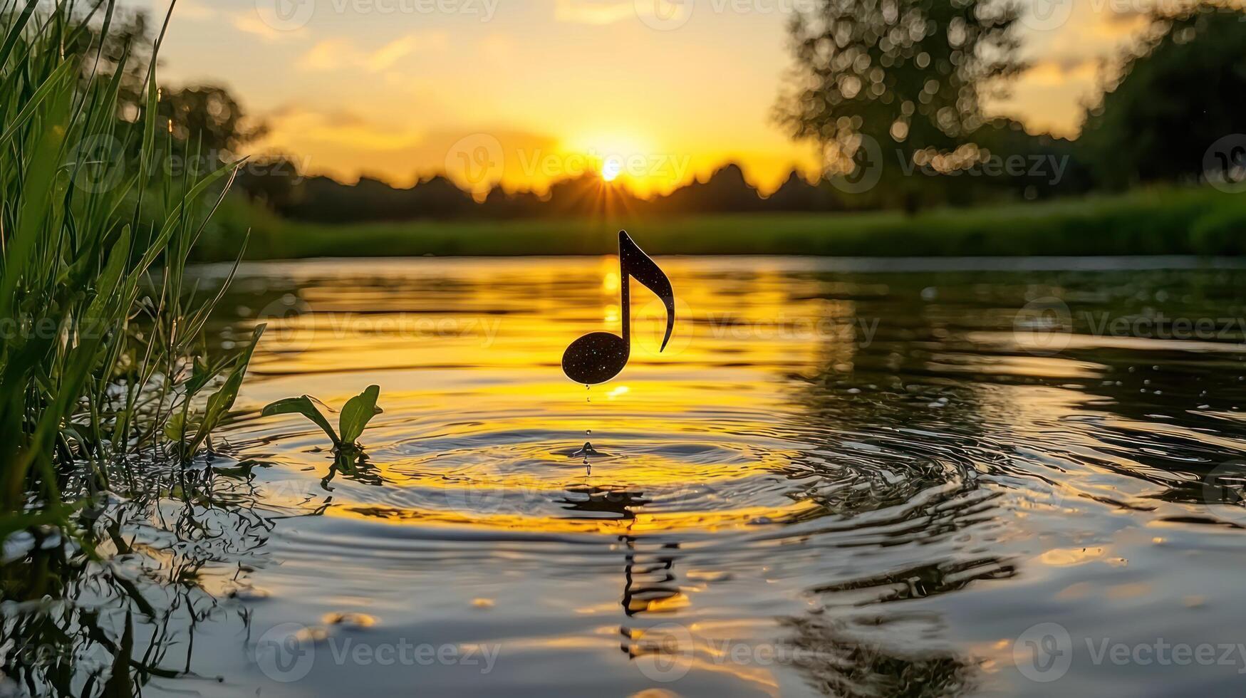 A musical note floats in the water at sunset photo