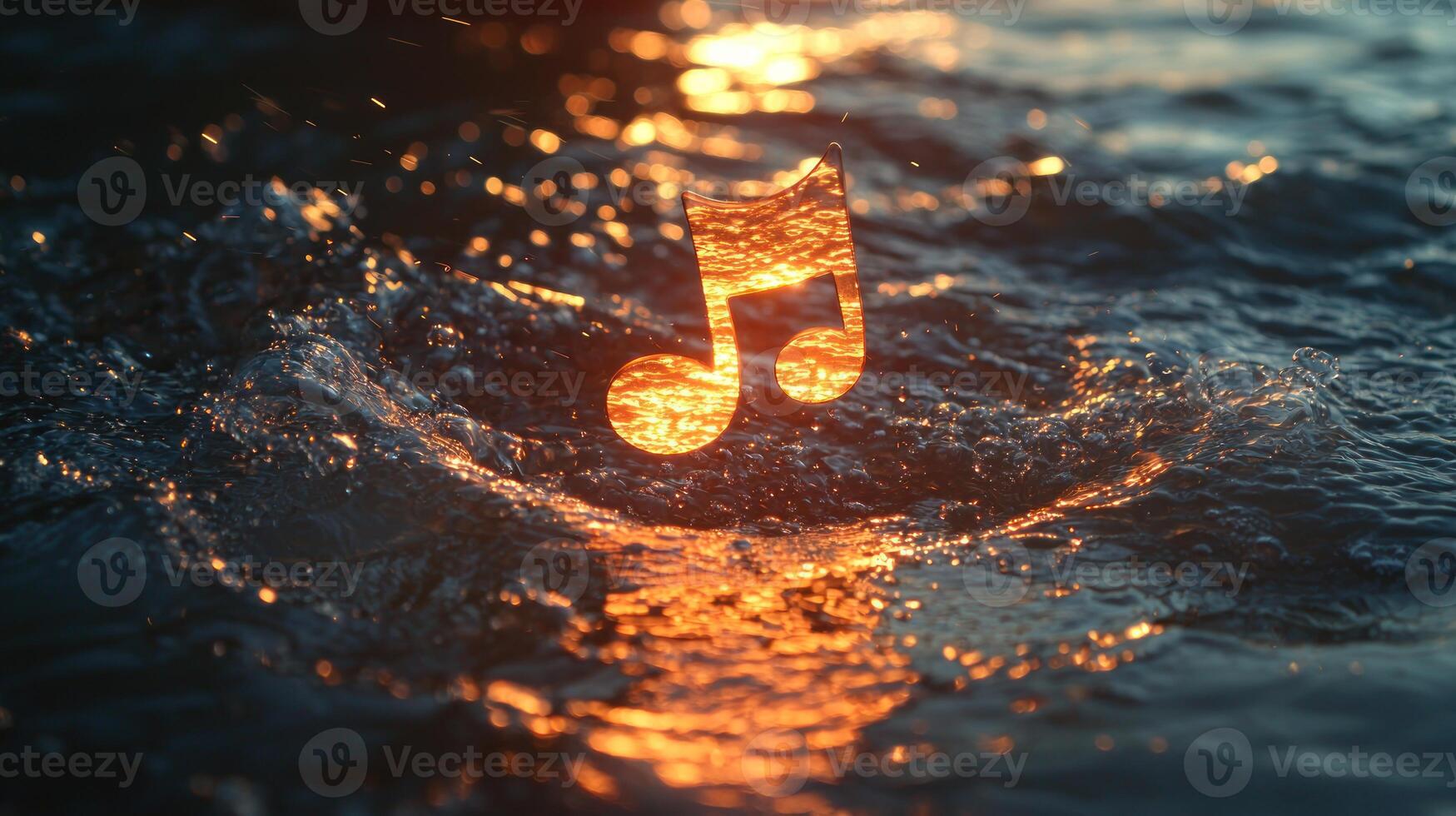 Music note floating in water with sunset photo