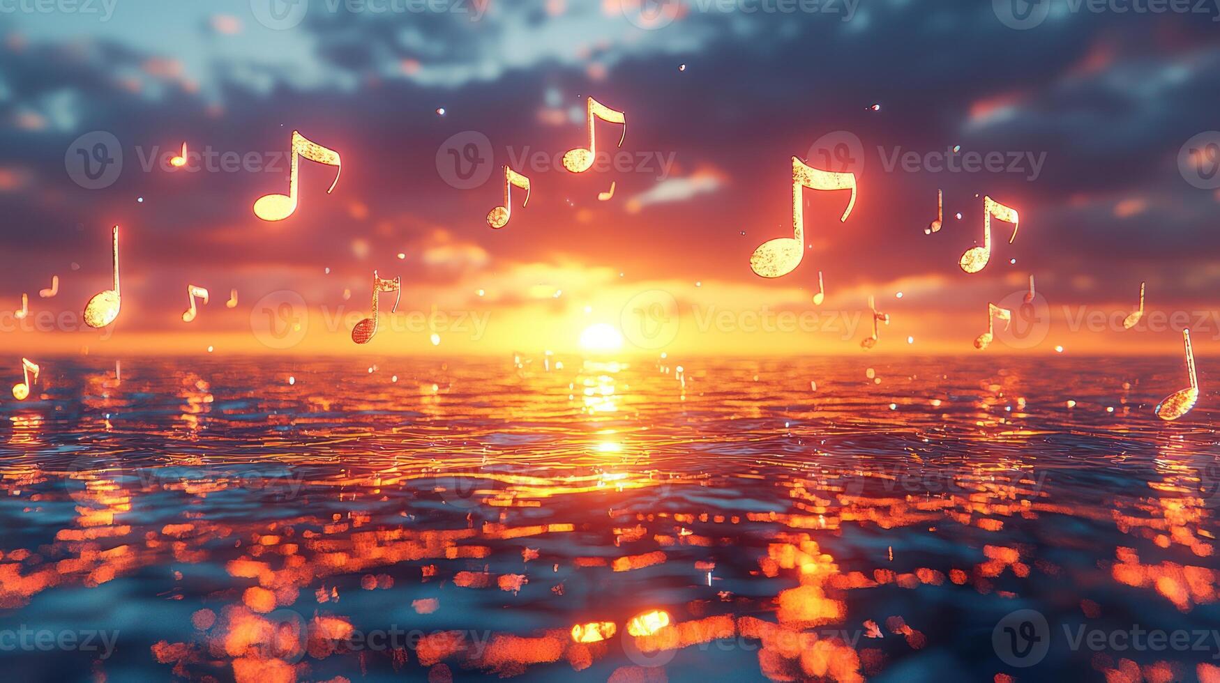 Music notes floating in the ocean at sunset photo