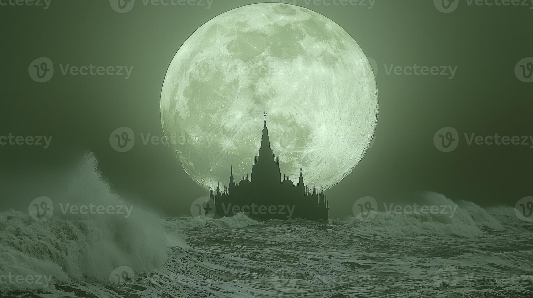 A castle in the ocean with a full moon photo