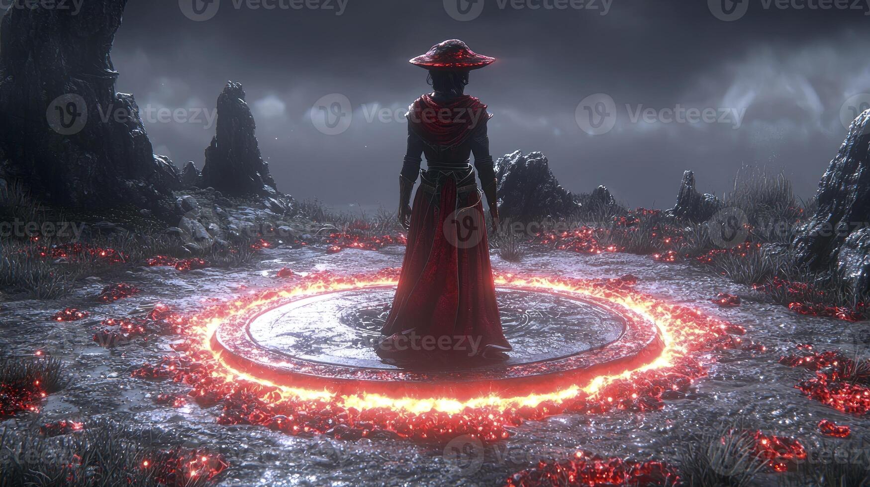A woman in a red dress standing in front of a circle of fire photo
