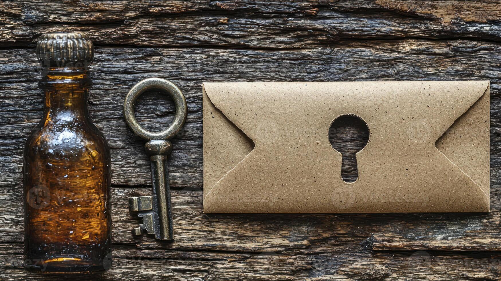 A bottle, envelope and key are on a wooden table photo
