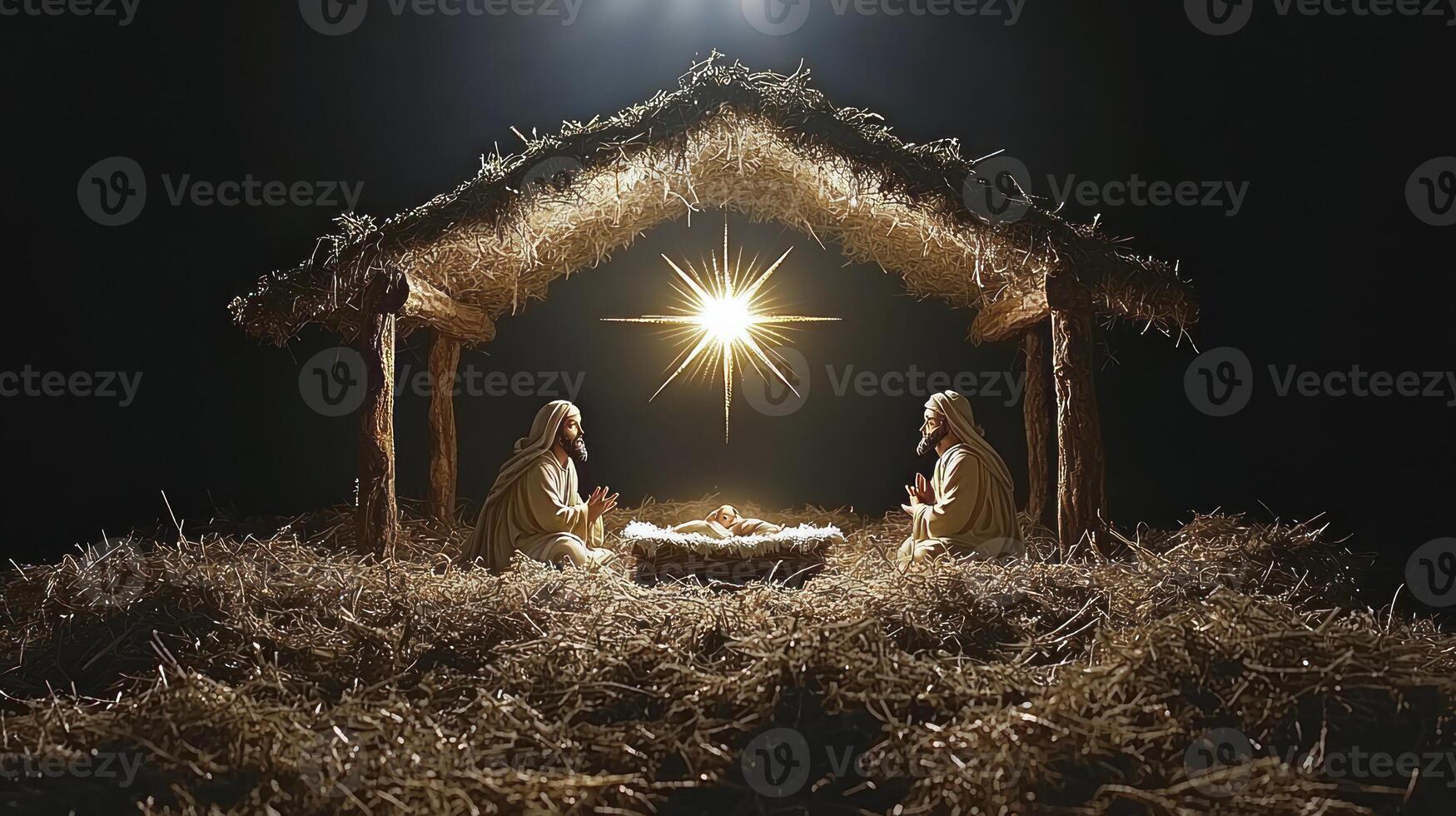 The nativity scene with three people in the manger photo
