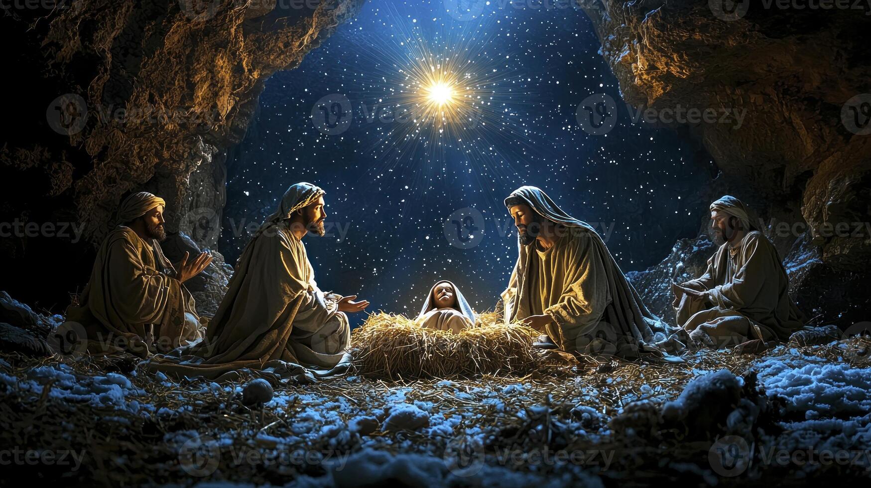 Three men in a manger with a star above them photo