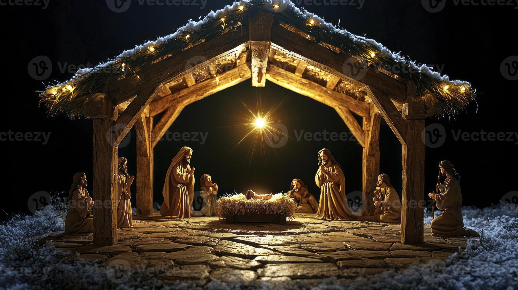 A nativity scene with a manger and jesus in the middle photo