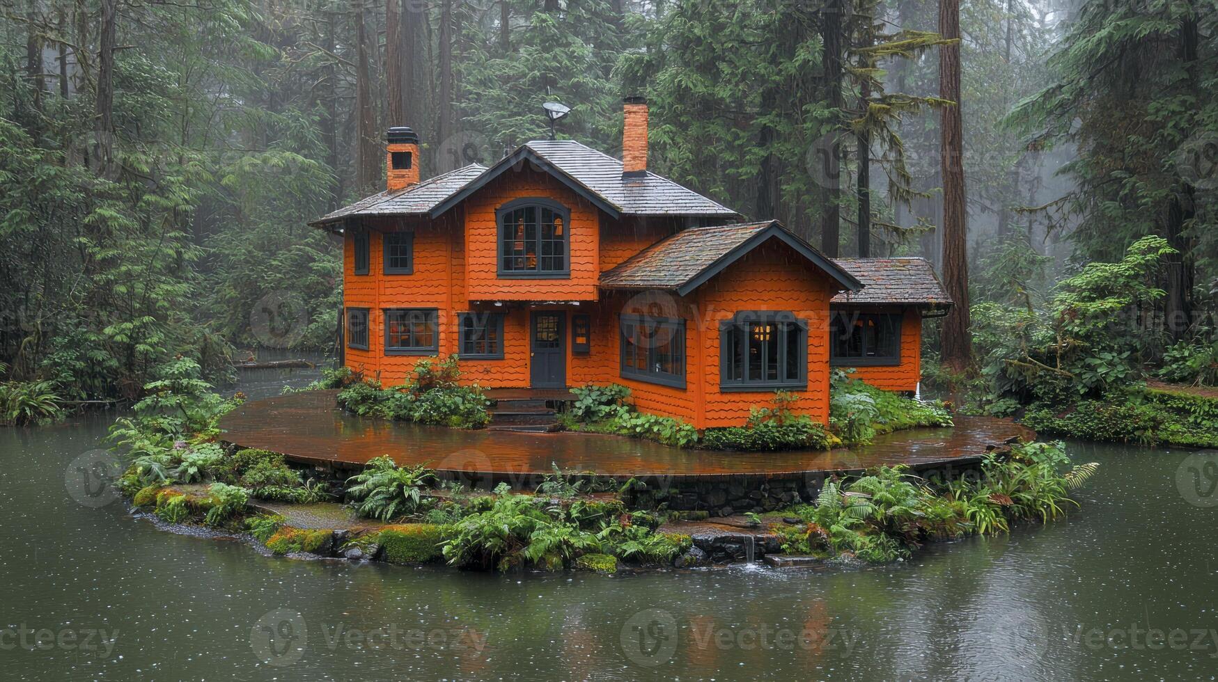 A house on a lake surrounded by trees photo