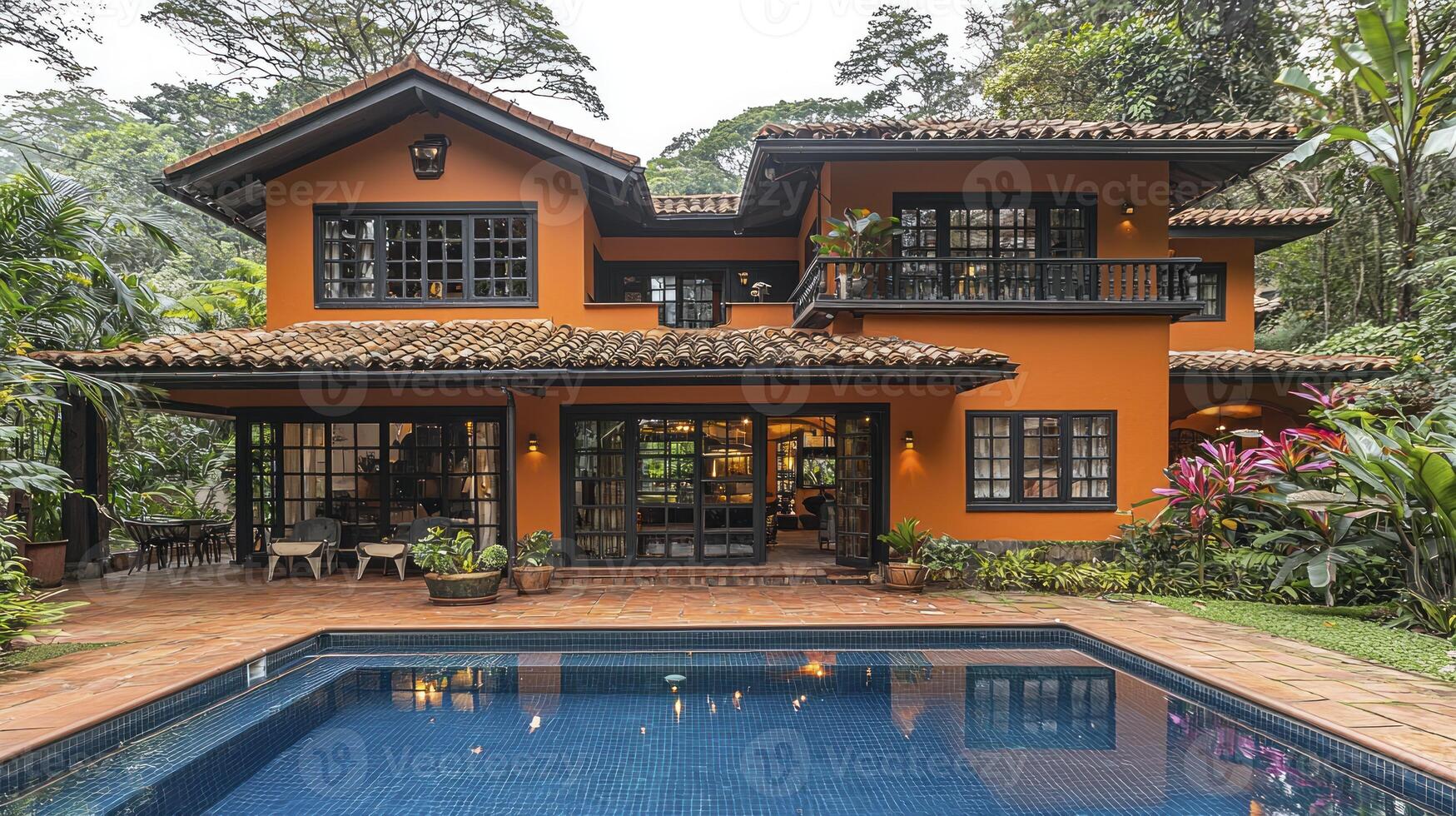 A large house with a pool and a patio photo