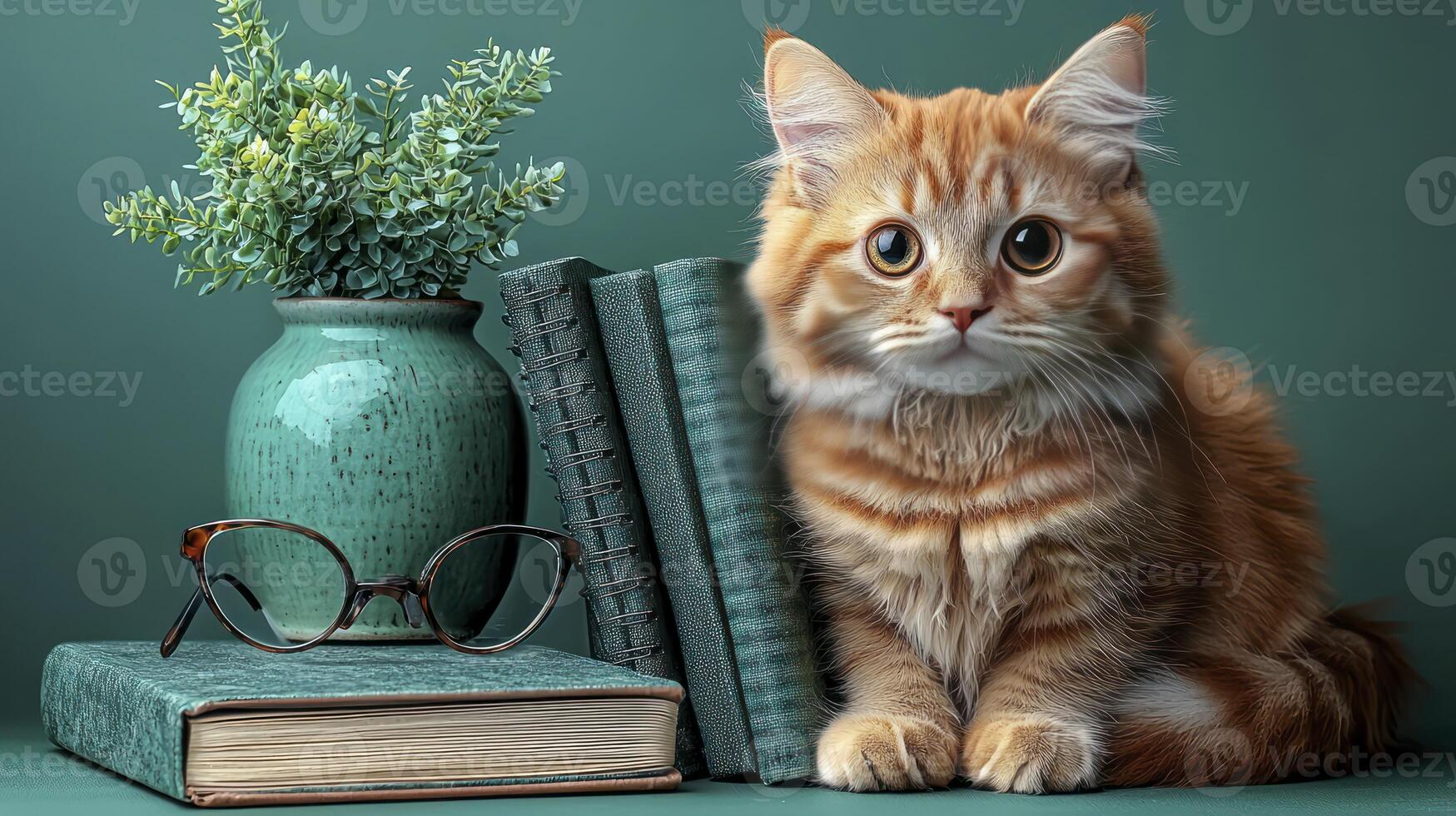 A cat sitting next to books and glasses photo
