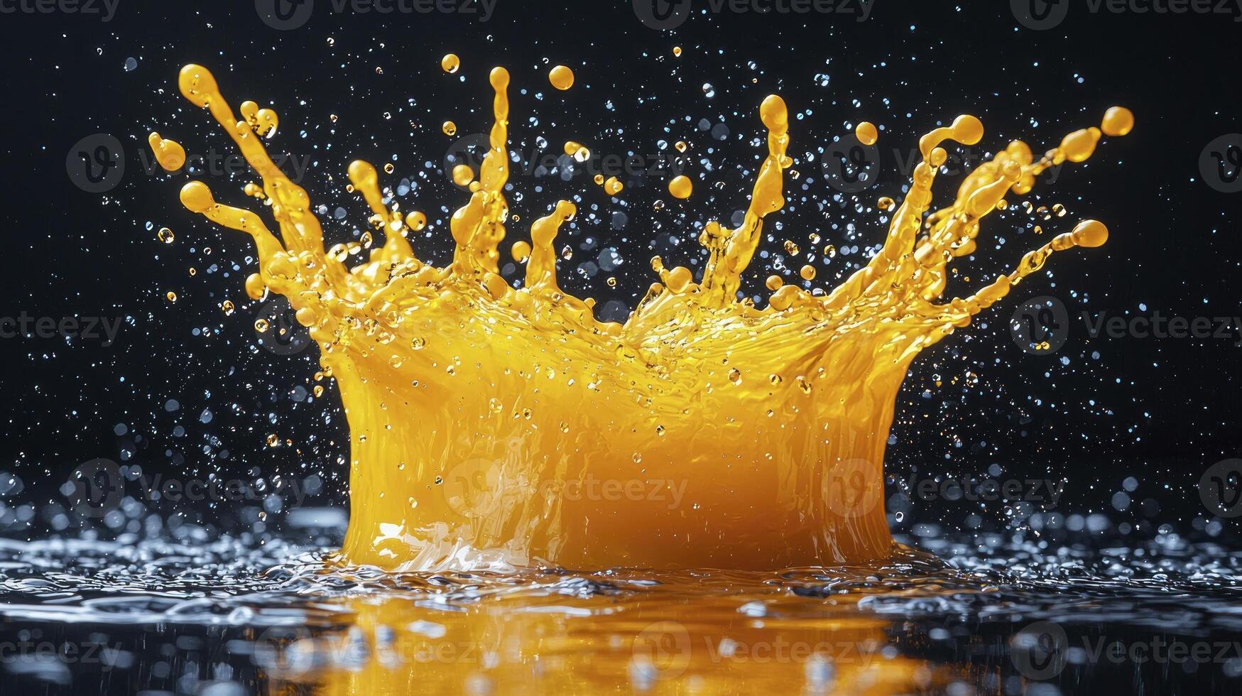 Orange juice splash on black background photo