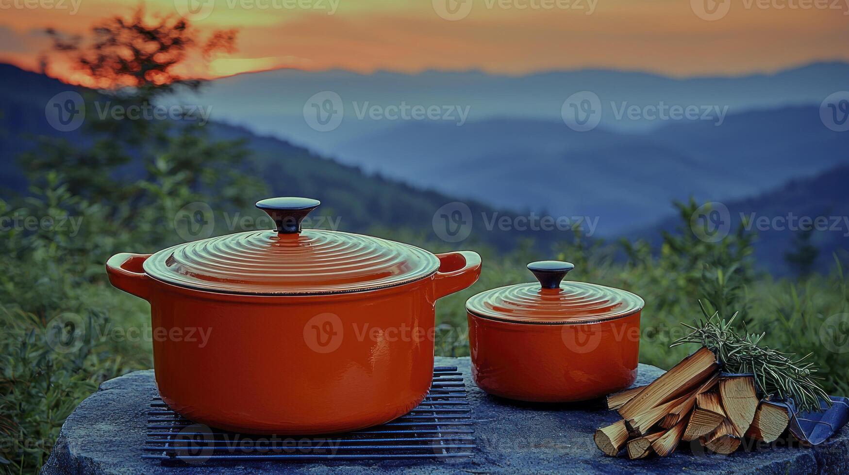 A couple of pots and a grill on a rock photo