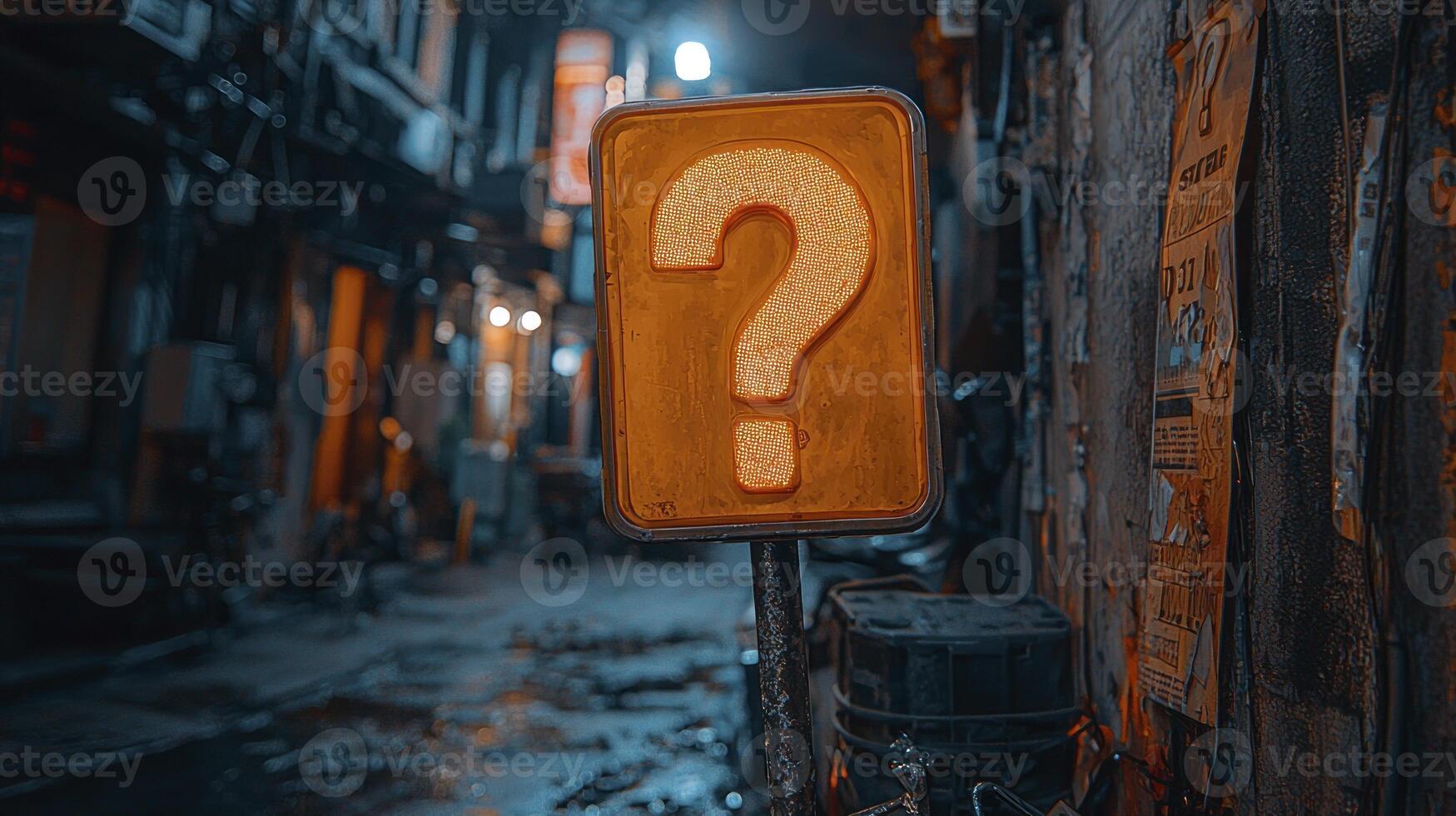 A street sign with a question mark on it in an alley photo