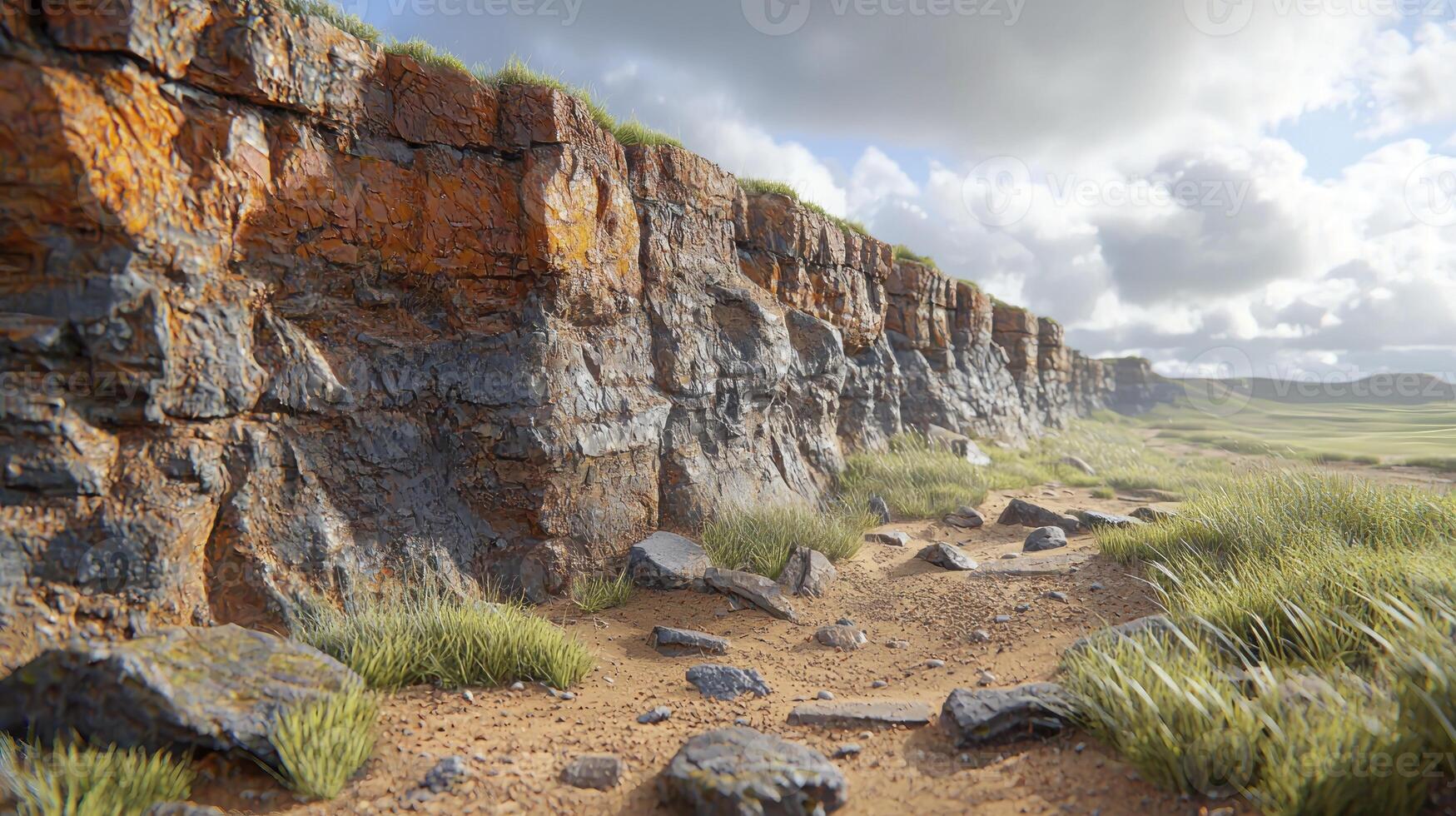 A rocky cliff with grass and rocks photo
