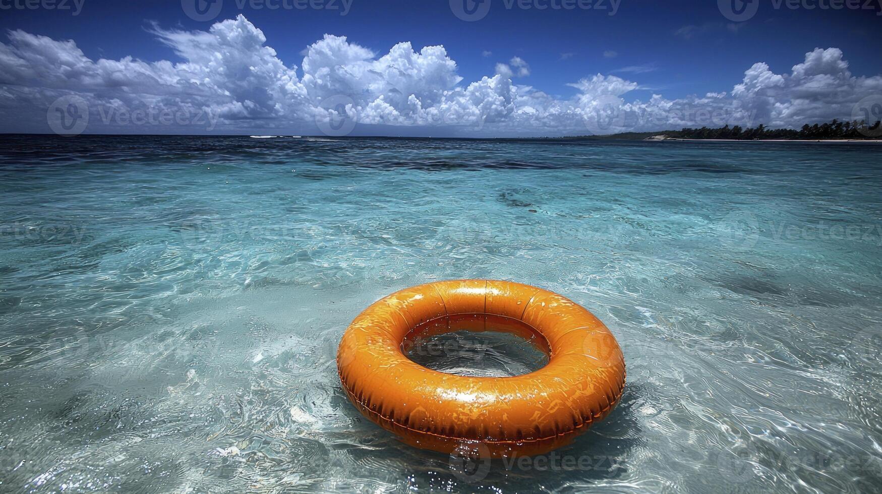 A floating orange life preserver in the ocean photo
