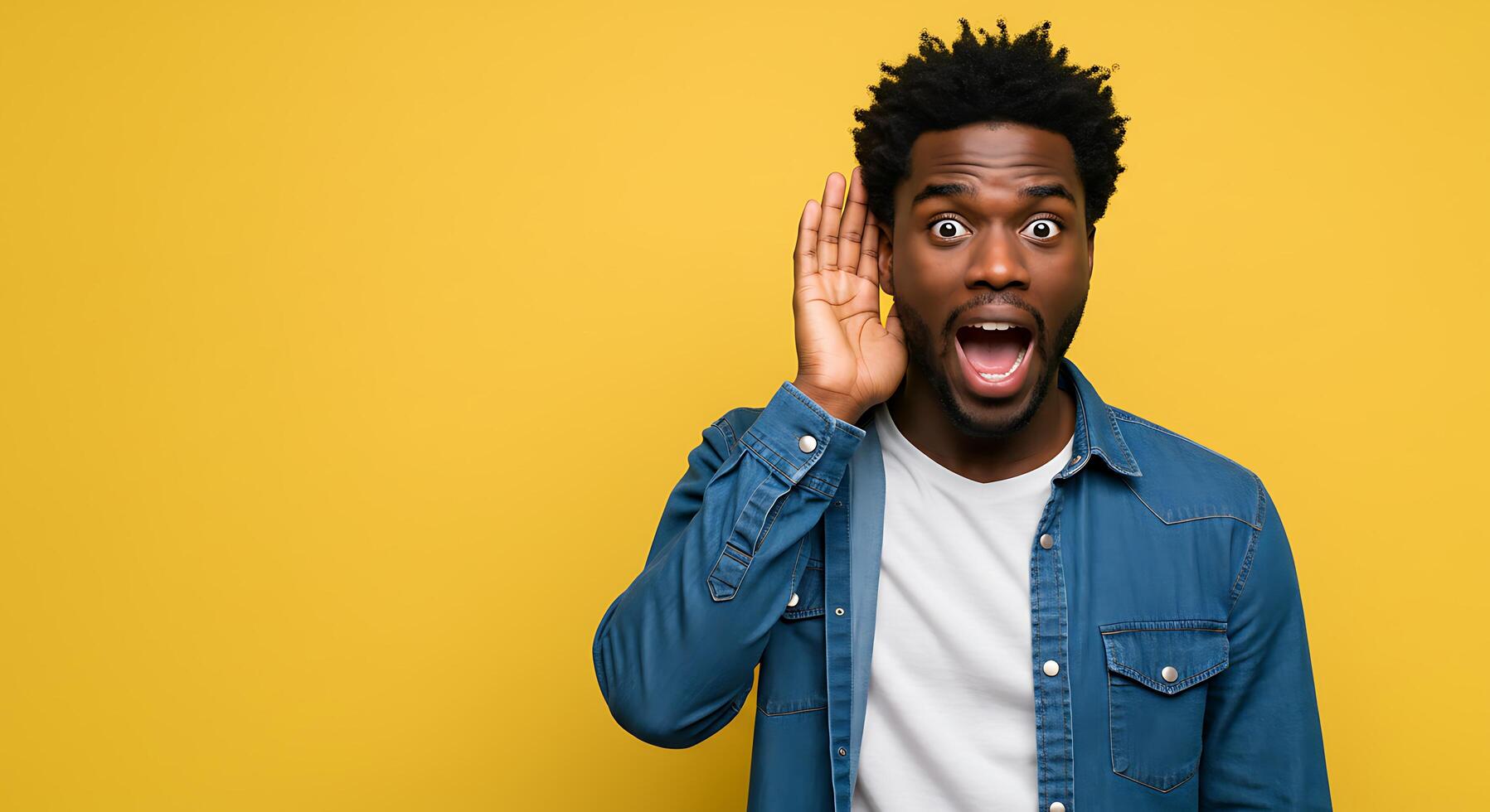 Shocked african american man with open mouth and surprised expression on yellow background photo