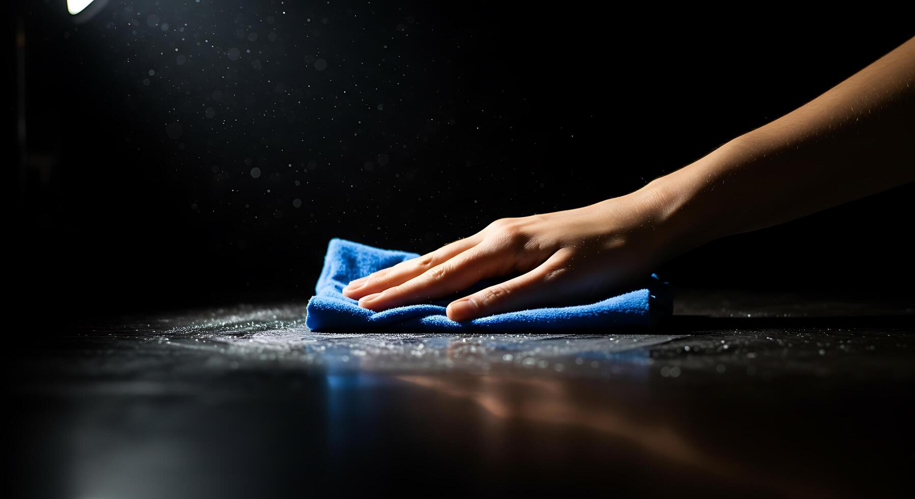 A person wiping a blue cloth on a table photo