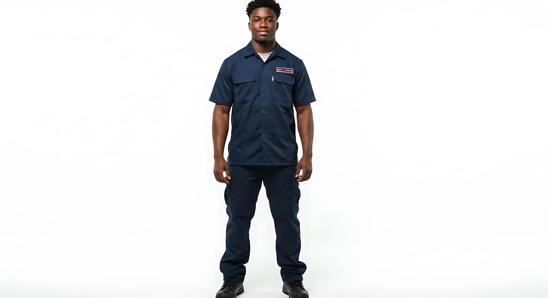 A man in a blue work uniform standing photo