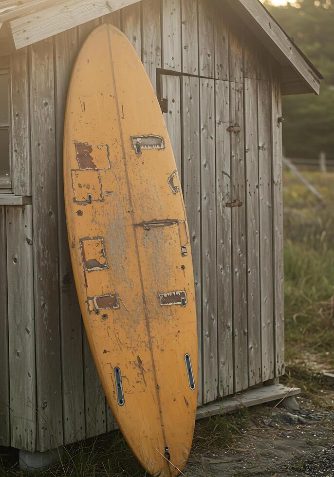 A surfboard leaning against a wooden shed photo