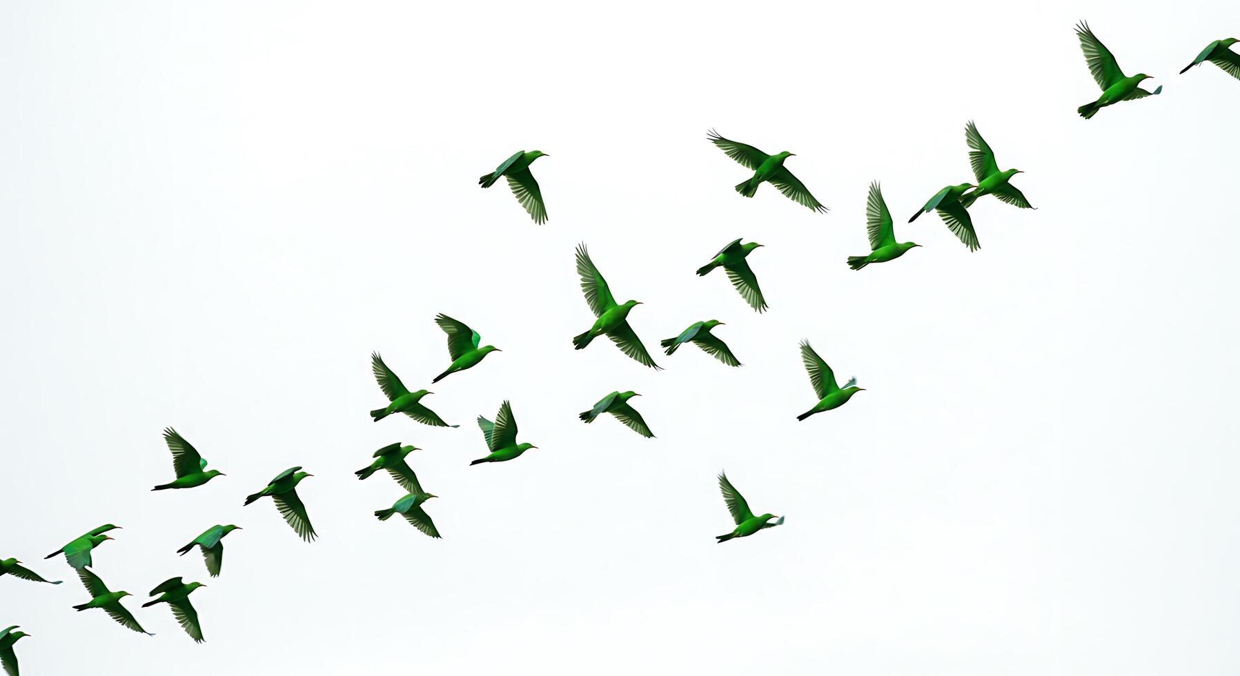 A flock of green birds flying in the sky photo