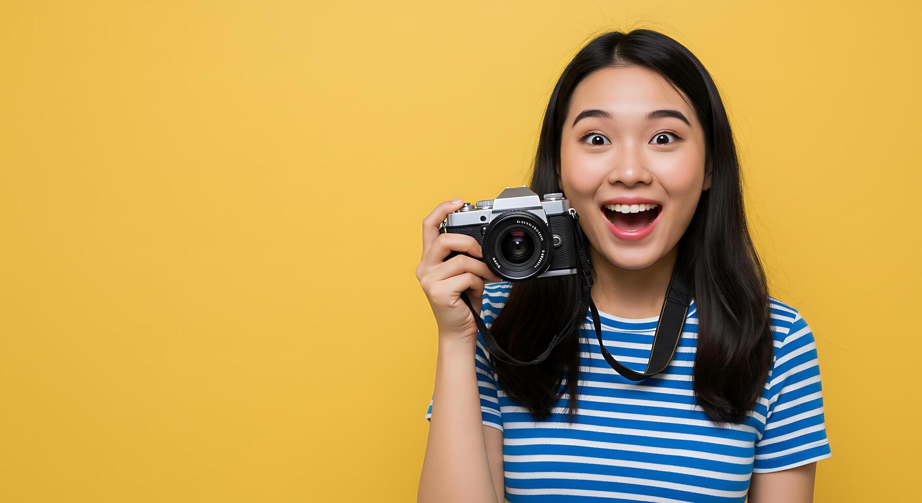 A woman holding a camera and making a surprised face photo