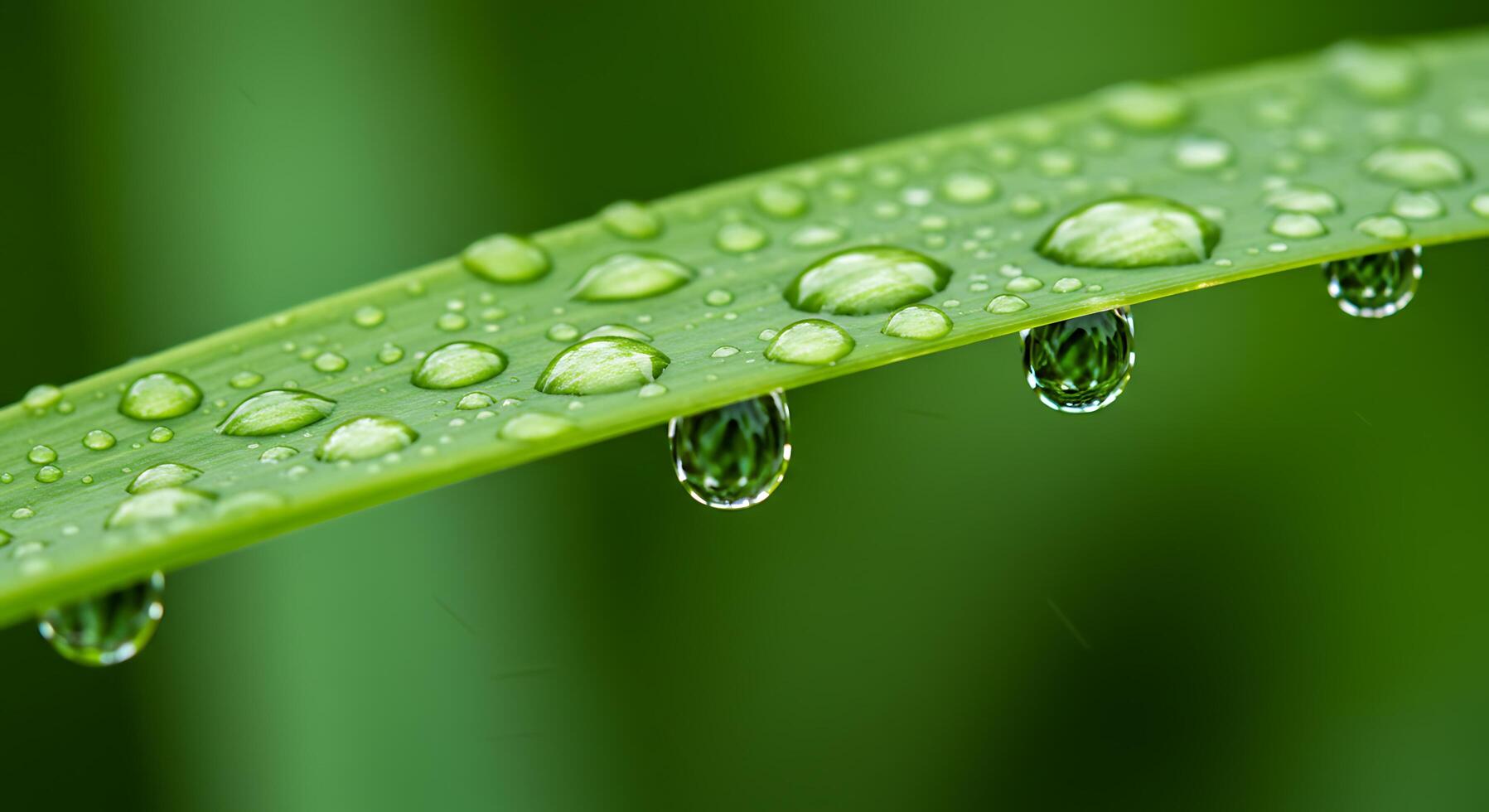 A close up of a green blade of grass with water droplets photo