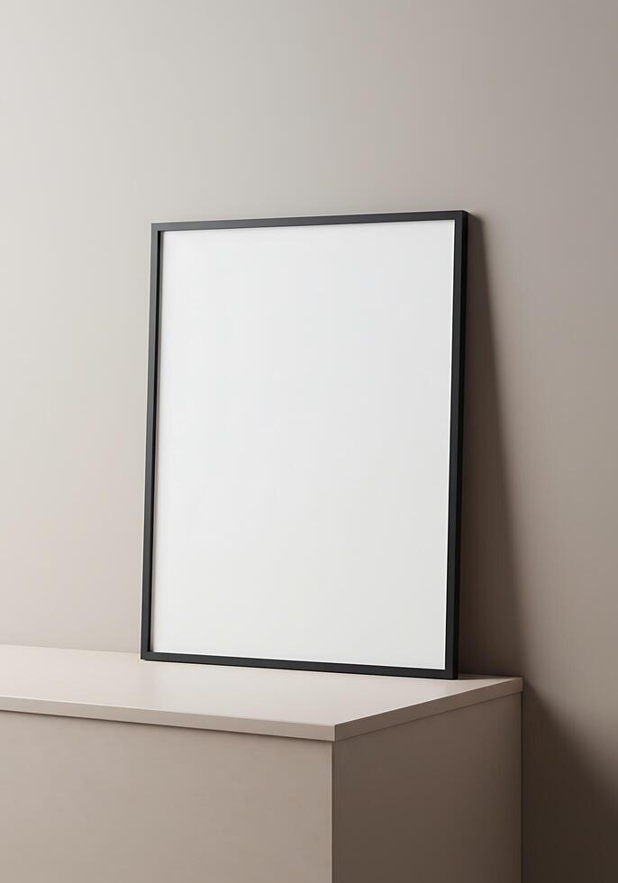 Blank frame mockup on a table against a wall photo